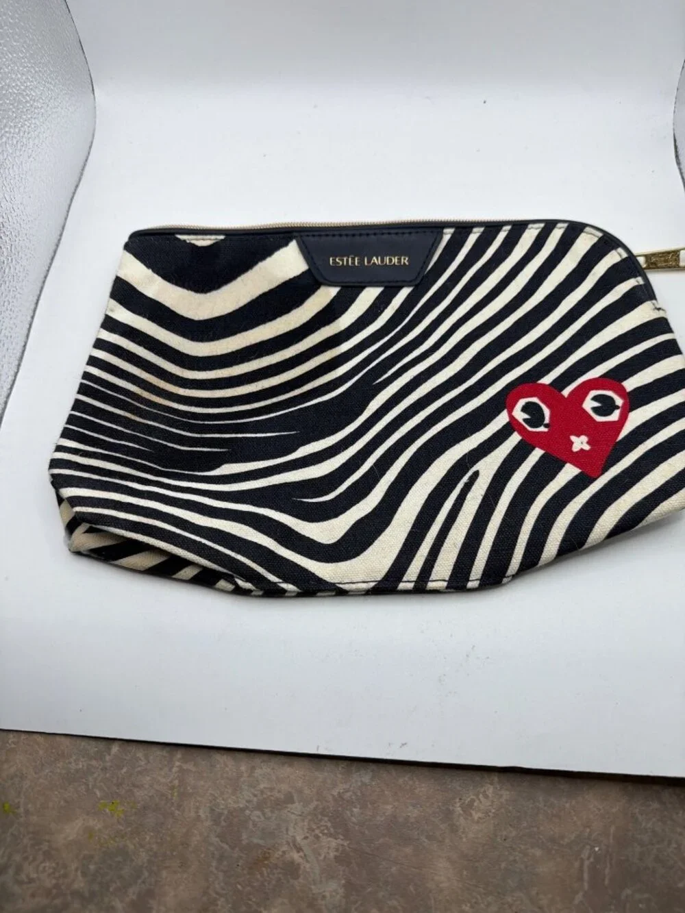 Estée Lauder X Quentin Jones Zebra Stripe Cosmetic Bag With Red Heart Accent